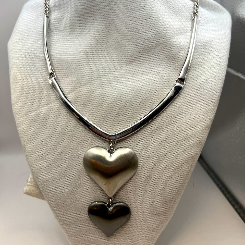 Double heart pendant silver tone necklace